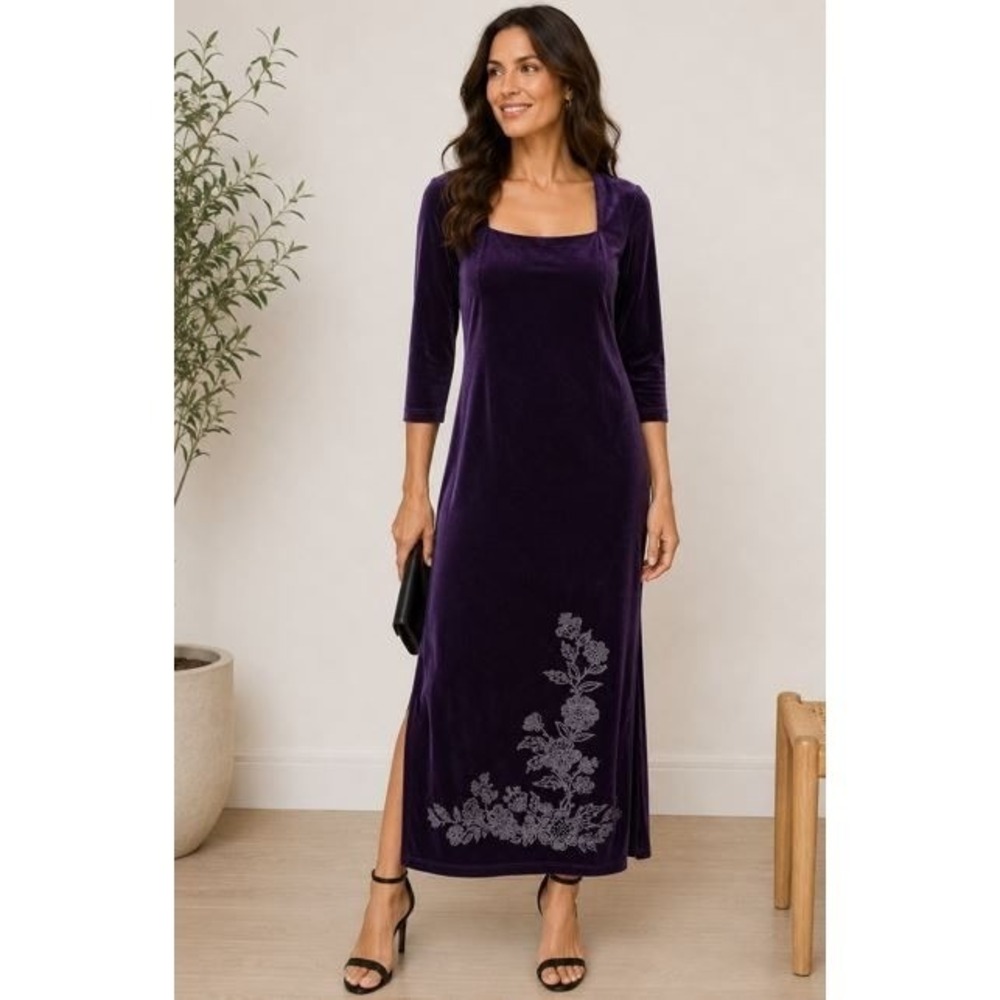 Vintage Velvet Maxi Dress 1X Purple Beaded Floral Whimsygoth Regency Evening